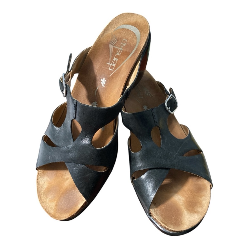 Dansko Black Leather Slide Sandals Womens Sz 40 Slip on Mules Adjustable Buckle